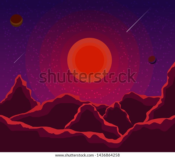Landscape with
sunset, planets and starry sky. Space landscape  in shades violet,
purple. Nature background.
eps10