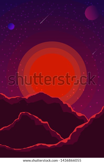 Landscape with
sunset, planets and starry sky. Space landscape  in shades violet,
purple. Nature background.
eps10