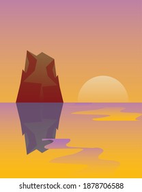 landscape sunset sea rocky mountain reflection scene vector illustration