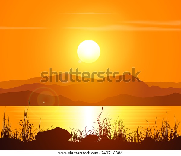 海岸の風景と夕日 明るい水と山脈の上に草のシルエット ベクターイラスト のベクター画像素材 ロイヤリティフリー