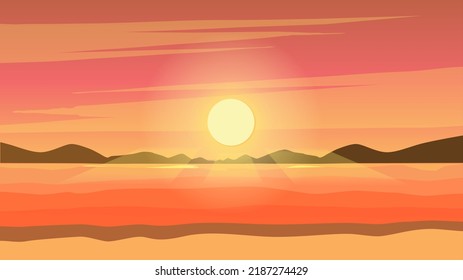 landscape sunset seashore over mountain. Vector illustration