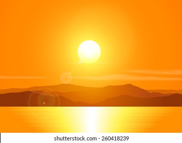 Landscape with sunset at the seashore  over mountain range. Vector illustration.