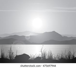 Landscape with sunset at the seashore over mountain range. Black and white vector illustration.