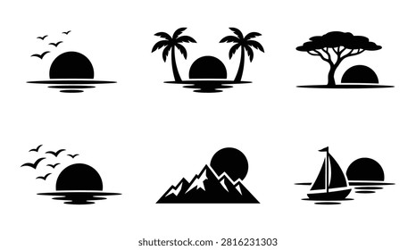 Landscape sunset silhouette icon set with palm trees acacia tree mountains sea birds and sailboat isolated on white background.