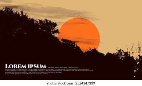 Landscape with sunset and silhouettes of trees. Vector illustration.