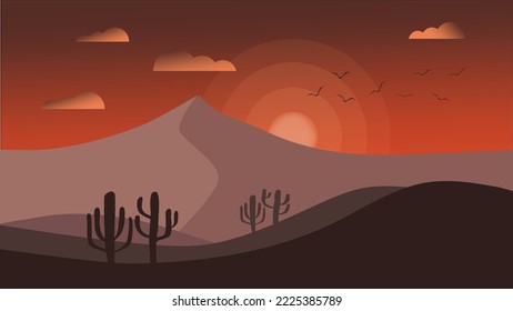 Landscape sunset sky desert cactus mountain sand nature silhouettes. Vector illustration.