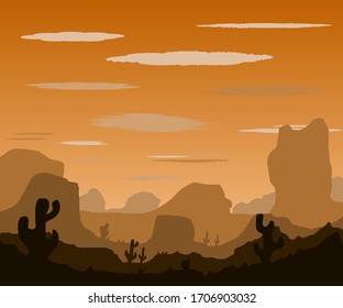 Paisaje con puesta de sol en desierto de piedra con cactus y montañas. Ilustración vectorial.