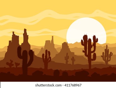 Landscape with sunset in stone desert with cactuses and mountains. Vector illustration. 