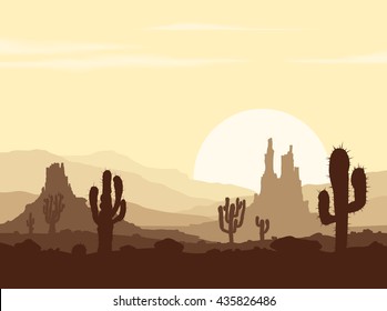 Landscape with sunset in stone desert with cactuses and rocky mountains. Vector illustration. 
