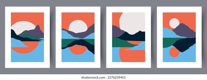 Landscape sunset summer nature wall art print. Printable minimal abstract poster. Wall artwork for interior design. Contemporary decorative background. 