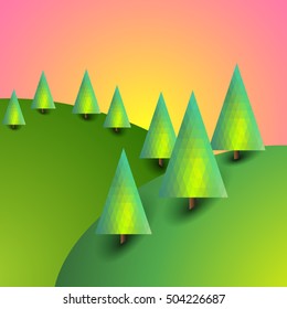 Landscape with sunset and trees. Bright summer picture. Outdoors.