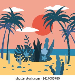 Landscape sunset tropics exotic flora plants, palm trees, leaves, cacti. Trend Fleet Cartoon Style, Vector, Illustration, Isolated, Banner, Poster, Postcard, Template