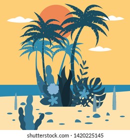 Landscape sunset tropics exotic flora plants, palm trees, leaves, cacti. Trend Fleet Cartoon Style, Vector, Illustration, Isolated, Banner, Poster, Postcard, Template