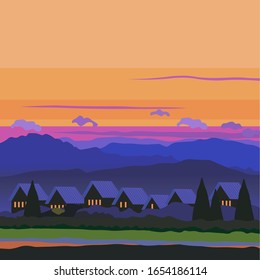 landscape of sunset in the village, in the background mountains and sky