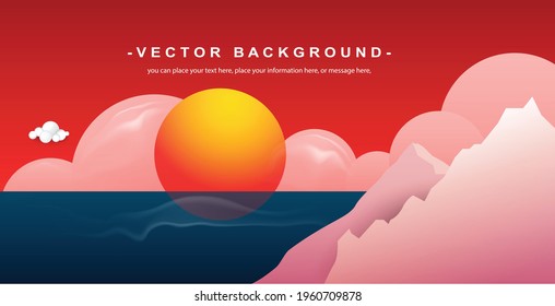 Landscape sunset of water and red sky nature big sun beautiful banner background