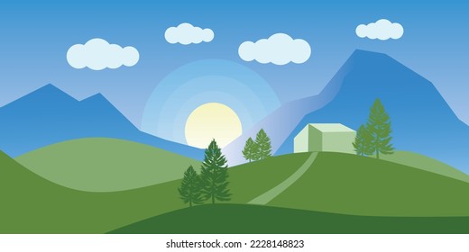 Landscape sunshine cloud blue sky high mountain green hill house pine tree. Vector illustration.
