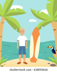 Landscape surfer guy and surfboard  with palm tree flat vector Illustration.A design element for websites tourist banner for travel companies.The tropical beach with gold dust and exotic bird toucan.