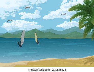 Landscape, Surfers to Sail in the Sea, Palm Tree Branches, Mountains and Sea Gulls in the Sky with Clouds. Eps10, Contains Transparencies. Vector