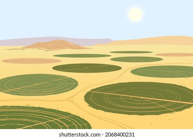 Landscape with surrounding agricultural fields in the desert. Technology of development of barren lands in arid regions. Circular irrigation system for growing food. Vector illustration. svg