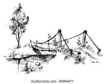 Landscape and suspended bridge over river sketch