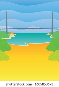 Landscape with a suspension bridge over a river, the blue sky in waves and the riverbank in yellow with green bushes on the sides. Vector background 