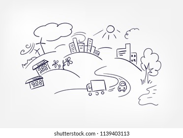 landscape sustainability abstract vector concept doodle line sketch illustration clip art