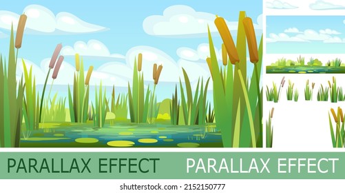 Landscape With Swampy Shore Of Lake Or River With Parallax Effect. Coast Is Overgrown With Grass, Reeds And Cattails. Water With Water Lily Leaves. Wild Pond. Vector.