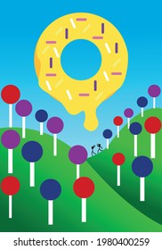 Landscape with sweet theme, sun donut, lollipop trees