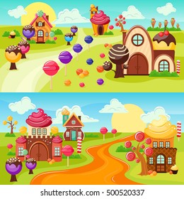 Landscape sweets and candy horizontal banners set with colorful cartoon style world houses and country road vector illustration
