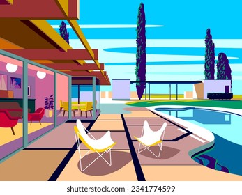 Landscape with swimming pool and mid-century house in the first plan and trees and palms in the background. Handmade drawing vector illustration. Pop Art style.