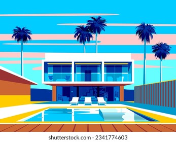 Landscape with swimming pool and mid-century house in the first plan and trees and palms in the background. Handmade drawing vector illustration. Pop Art style.