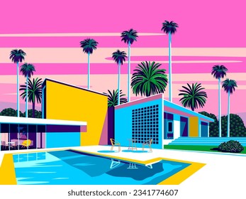 Landscape with swimming pool and mid-century house in the first plan and trees and palms in the background. Handmade drawing vector illustration. Pop Art style.