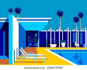 Landscape with swimming pool and mid-century house in the first plan and trees and palms in the background. Handmade drawing vector illustration. Pop Art style.