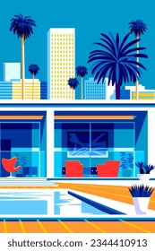 Landscape with swimming pool and mid-century house in the first plan and skyscrapers and palms in the background. Handmade drawing vector illustration. Pop Art style.