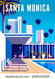 Landscape with swimming pool and mid-century house in the first plan and trees and palms in the background. Handmade drawing vector illustration. Santa Monica travel poster.