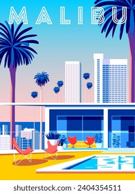 Landscape with swimming pool and mid-century house in the first plan and trees and palms in the background. Handmade drawing vector illustration. Malibu travel poster.