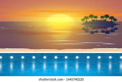 landscape of swimming pool on the beach in sunset