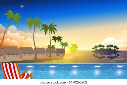 landscape of swimming pool on the beach at bungalow in sunset