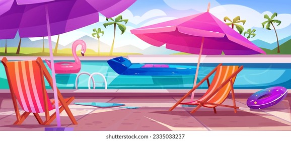 Landscape with swimming pool. Summer holiday banner with sun lounger and beach umbrella, inflatable circles and palm trees. Leisure vacation and relax concept. Cartoon flat vector illustration