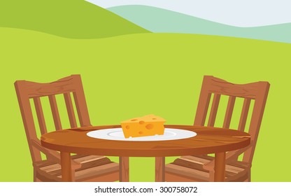 Landscape with table and chairs seen from the side