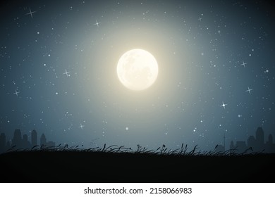 Landscape With Tall Grass On Starry Night. City Buildings Under Moon