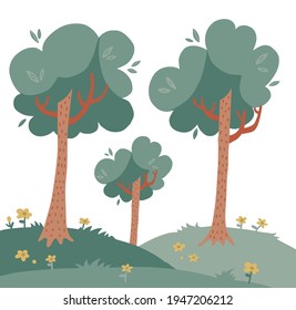 Landscape with tall trees on green grass woth flowers. Deciduous plants. Summer background. Vector flat hand drawn illustration