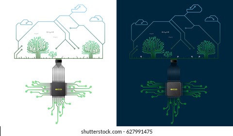 Landscape in technological style on transparent and blue background. Computer circuit Board stylized landscape. Ecology idea, vector art and illustration.