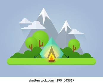 Landscape  with tent, campfire, mountains, sun. Hiking and camping. Vector flat illustration