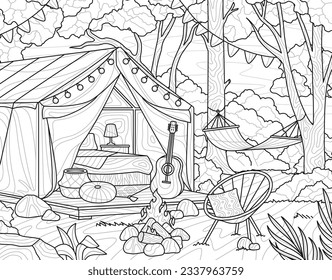 Paisaje con tienda y fogata. Esbozar el paisaje en un estilo enmarañado zen con camping y guitarra, hamaca y árboles. Libro de colorantes antiestrés para adultos y niños. Ilustración lineal vectorial