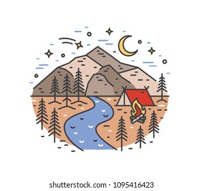 Landscape with tent and campfire in woods on river bank against beautiful mountains and night sky on background. Camping and adventure travel location. Colored vector illustration in line art style