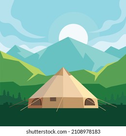 Paisaje, carpas, senderismo y acampada, ilustración plana vectorial, mañana, montaña