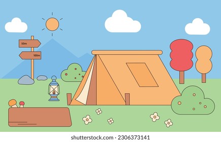 Landscape with tent. Outline style vector illustration.