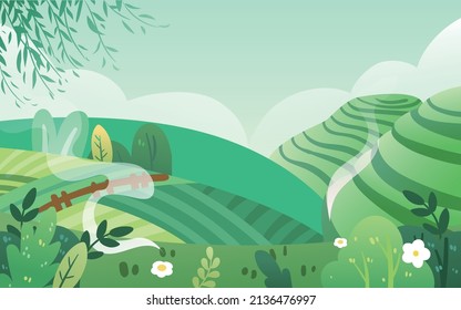 Landschaft terrassenförmiger Felder im Frühling mit verschiedenen Pflanzen im Vordergrund, Frühlingsvektorgrafik