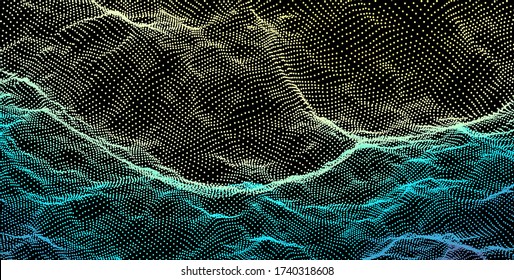 Landscape. Terrain. Abstract wavy background with dynamic effect. Cyberspace grid. 3d technology vect